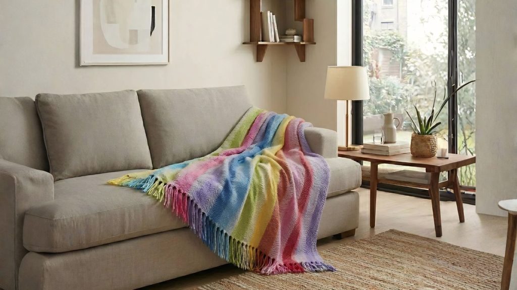 Cozy recycled bottle fibre throw blanket made from plastic bottles displayed on a couch in a home interior