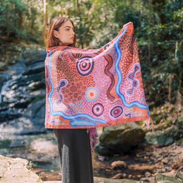 Our Country scarf featuring artwork by First Nations artist Justina Willis from The Leprosy Mission Shop's NAIDOC Week collection