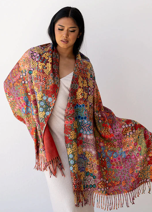 Wild Flowers Scarf by Pammy Foster and Grandmother's Country Scarf by Michelle Possum for NAIDOC Week