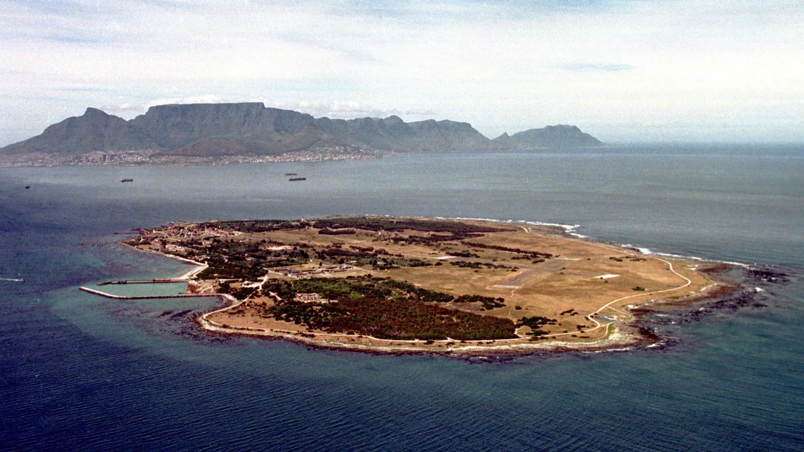 Historic view of Robben Island, where people affected by leprosy were once forcibly isolated before it later became known as Nelson Mandela's prison.