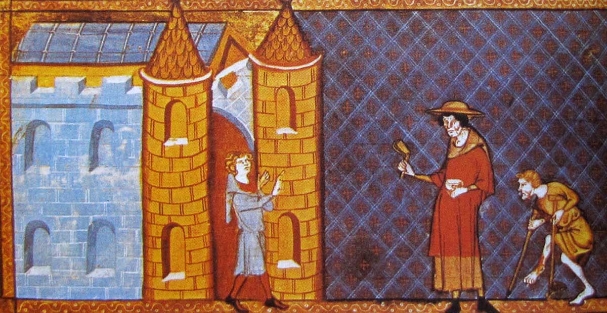 Two people affected by leprosy are denied entry into the city, by Vinzenz von Beauvais, 14th century. Source: Wikimedia Commons